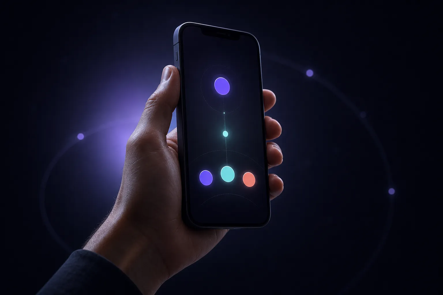 Hand hält ein dunkles Smartphone mit abstrakten Punkten, die einen Sammelablauf darstellen.